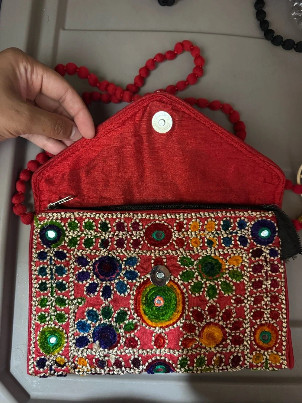 Ethnic Indian Wear Pink Embroidered Mirrorwork Clutch with Beaded Strap